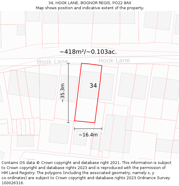 34, HOOK LANE, BOGNOR REGIS, PO22 8AX: Plot and title map