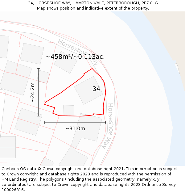 34, HORSESHOE WAY, HAMPTON VALE, PETERBOROUGH, PE7 8LG: Plot and title map