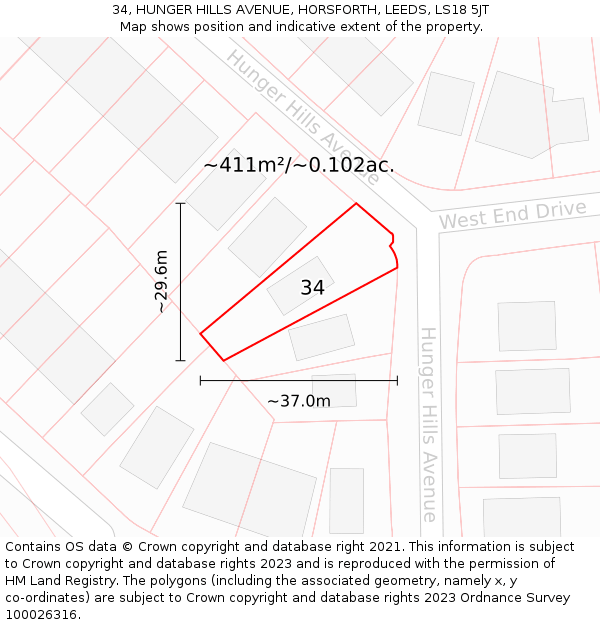 34, HUNGER HILLS AVENUE, HORSFORTH, LEEDS, LS18 5JT: Plot and title map
