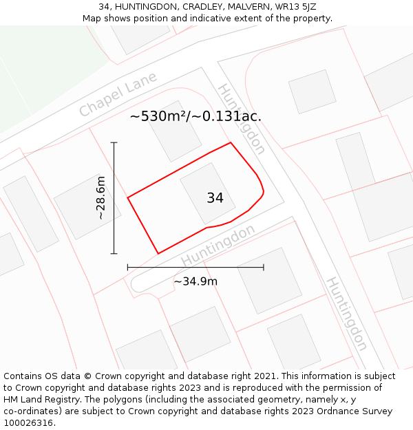 34, HUNTINGDON, CRADLEY, MALVERN, WR13 5JZ: Plot and title map