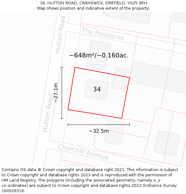 34, HUTTON ROAD, CRANSWICK, DRIFFIELD, YO25 9PH: Plot and title map