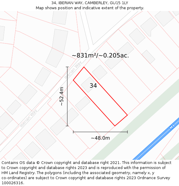 34, IBERIAN WAY, CAMBERLEY, GU15 1LY: Plot and title map