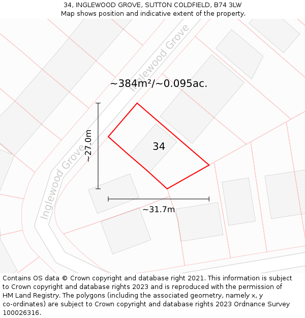 34, INGLEWOOD GROVE, SUTTON COLDFIELD, B74 3LW: Plot and title map