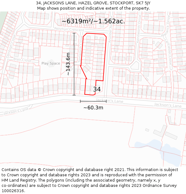 34, JACKSONS LANE, HAZEL GROVE, STOCKPORT, SK7 5JY: Plot and title map