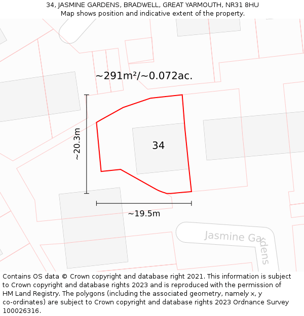 34, JASMINE GARDENS, BRADWELL, GREAT YARMOUTH, NR31 8HU: Plot and title map