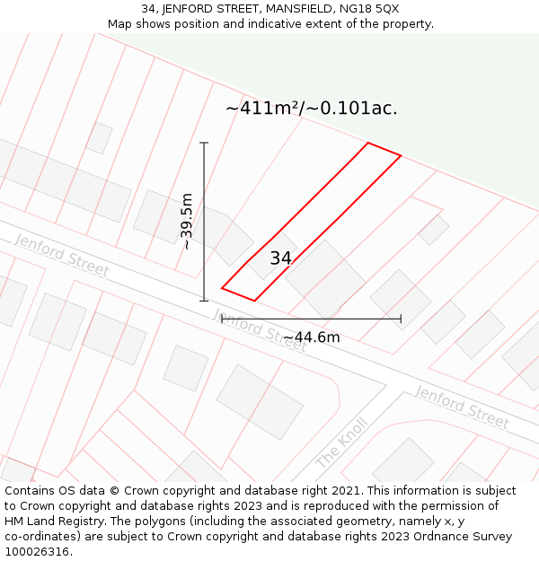 34, JENFORD STREET, MANSFIELD, NG18 5QX: Plot and title map