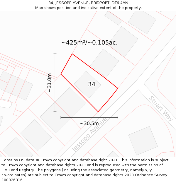 34, JESSOPP AVENUE, BRIDPORT, DT6 4AN: Plot and title map