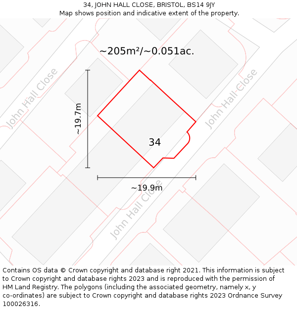 34, JOHN HALL CLOSE, BRISTOL, BS14 9JY: Plot and title map