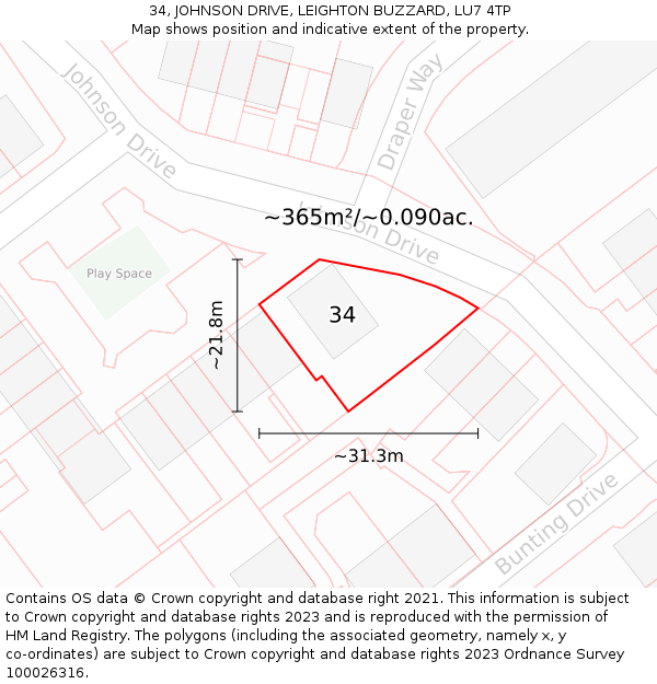 34, JOHNSON DRIVE, LEIGHTON BUZZARD, LU7 4TP: Plot and title map