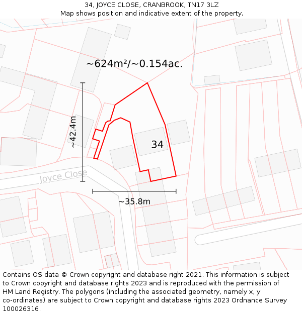 34, JOYCE CLOSE, CRANBROOK, TN17 3LZ: Plot and title map