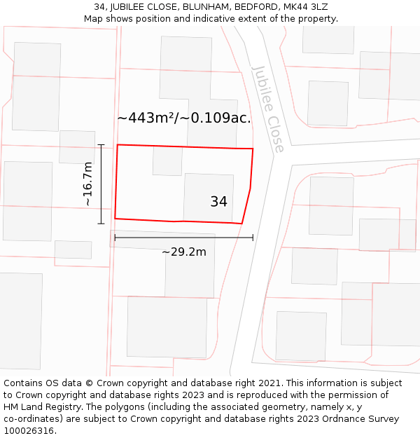 34, JUBILEE CLOSE, BLUNHAM, BEDFORD, MK44 3LZ: Plot and title map
