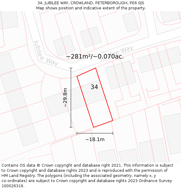 34, JUBILEE WAY, CROWLAND, PETERBOROUGH, PE6 0JS: Plot and title map