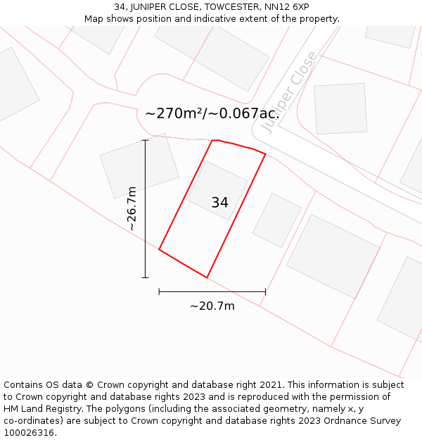 34, JUNIPER CLOSE, TOWCESTER, NN12 6XP: Plot and title map