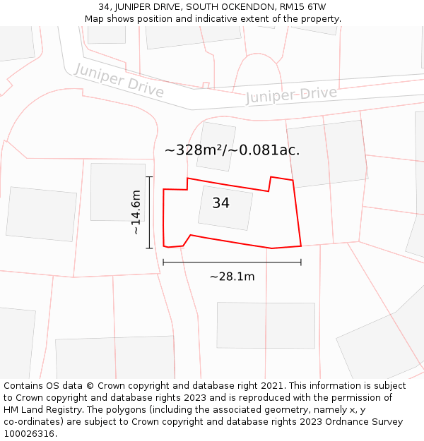 34, JUNIPER DRIVE, SOUTH OCKENDON, RM15 6TW: Plot and title map