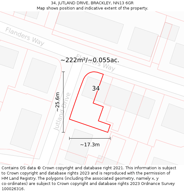 34, JUTLAND DRIVE, BRACKLEY, NN13 6GR: Plot and title map