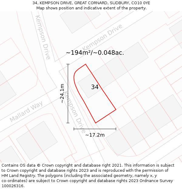 34, KEMPSON DRIVE, GREAT CORNARD, SUDBURY, CO10 0YE: Plot and title map