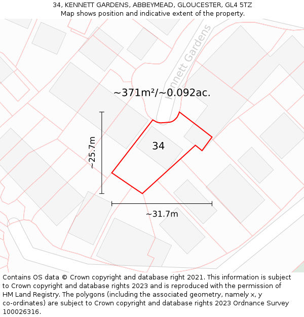 34, KENNETT GARDENS, ABBEYMEAD, GLOUCESTER, GL4 5TZ: Plot and title map