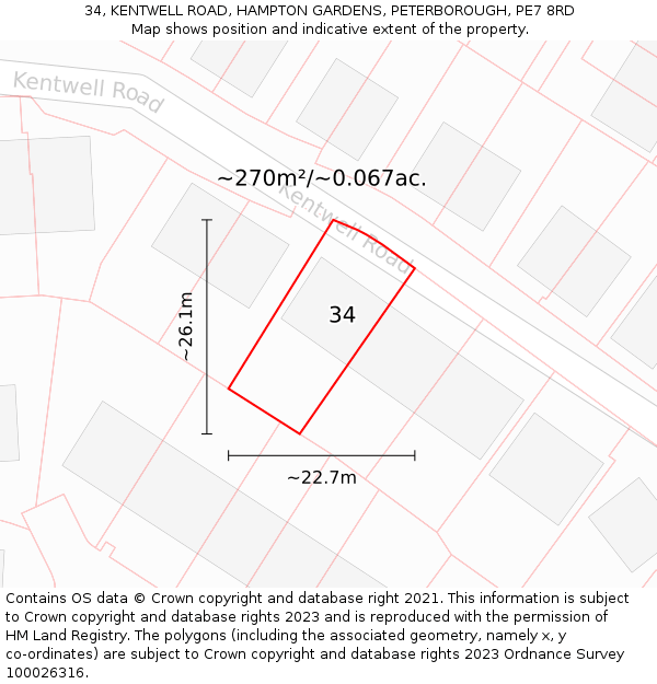 34, KENTWELL ROAD, HAMPTON GARDENS, PETERBOROUGH, PE7 8RD: Plot and title map
