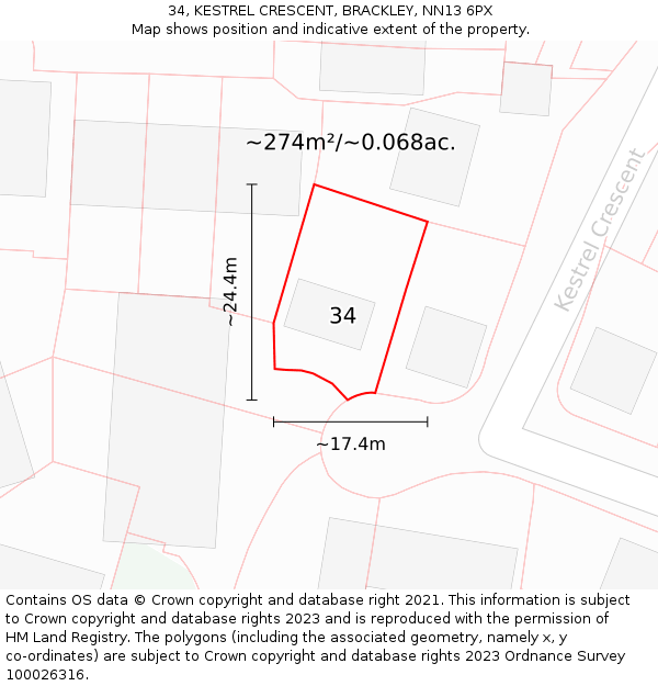 34, KESTREL CRESCENT, BRACKLEY, NN13 6PX: Plot and title map