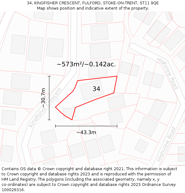 34, KINGFISHER CRESCENT, FULFORD, STOKE-ON-TRENT, ST11 9QE: Plot and title map