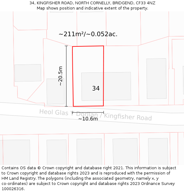 34, KINGFISHER ROAD, NORTH CORNELLY, BRIDGEND, CF33 4NZ: Plot and title map