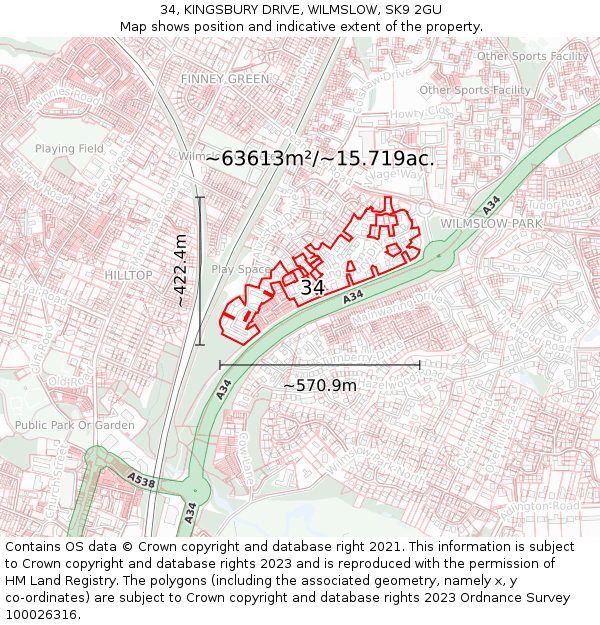 34, KINGSBURY DRIVE, WILMSLOW, SK9 2GU: Plot and title map