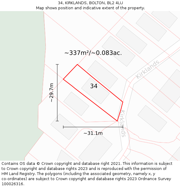 34, KIRKLANDS, BOLTON, BL2 4LU: Plot and title map