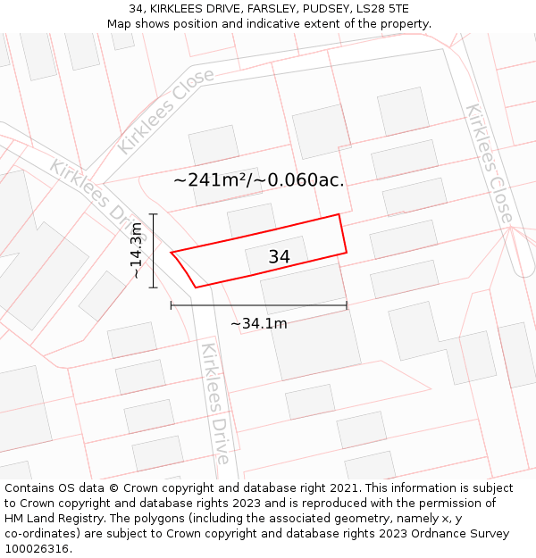 34, KIRKLEES DRIVE, FARSLEY, PUDSEY, LS28 5TE: Plot and title map