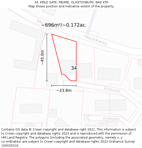 34, KIRLE GATE, MEARE, GLASTONBURY, BA6 9TA: Plot and title map
