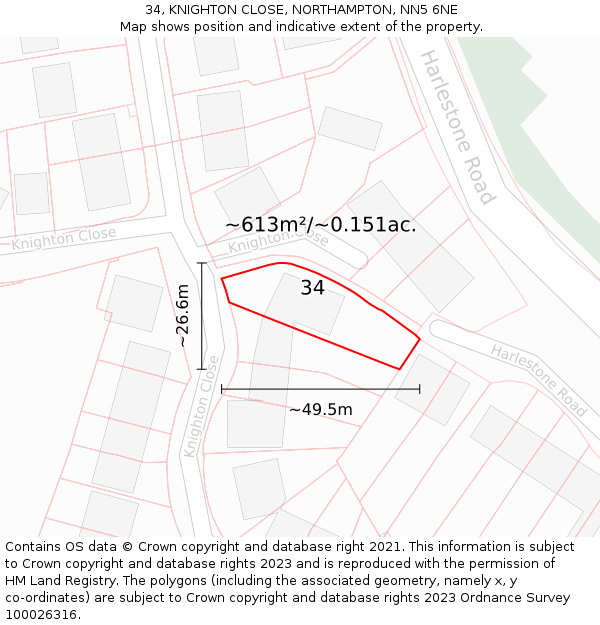 34, KNIGHTON CLOSE, NORTHAMPTON, NN5 6NE: Plot and title map