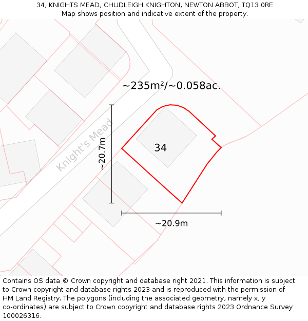 34, KNIGHTS MEAD, CHUDLEIGH KNIGHTON, NEWTON ABBOT, TQ13 0RE: Plot and title map