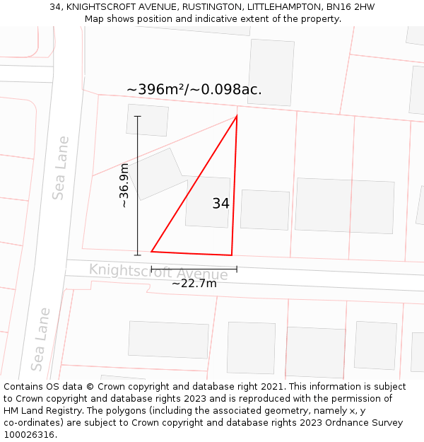 34, KNIGHTSCROFT AVENUE, RUSTINGTON, LITTLEHAMPTON, BN16 2HW: Plot and title map