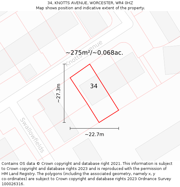 34, KNOTTS AVENUE, WORCESTER, WR4 0HZ: Plot and title map