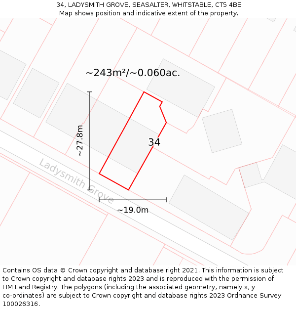 34, LADYSMITH GROVE, SEASALTER, WHITSTABLE, CT5 4BE: Plot and title map