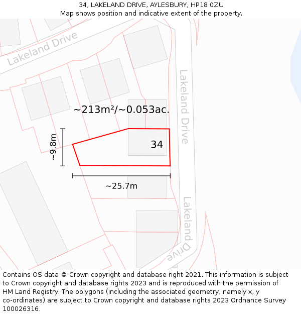 34, LAKELAND DRIVE, AYLESBURY, HP18 0ZU: Plot and title map