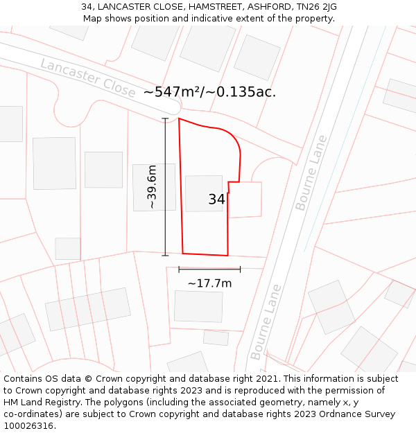 34, LANCASTER CLOSE, HAMSTREET, ASHFORD, TN26 2JG: Plot and title map
