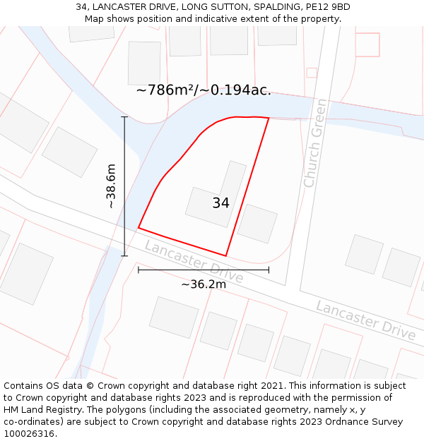 34, LANCASTER DRIVE, LONG SUTTON, SPALDING, PE12 9BD: Plot and title map