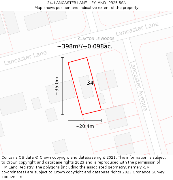 34, LANCASTER LANE, LEYLAND, PR25 5SN: Plot and title map