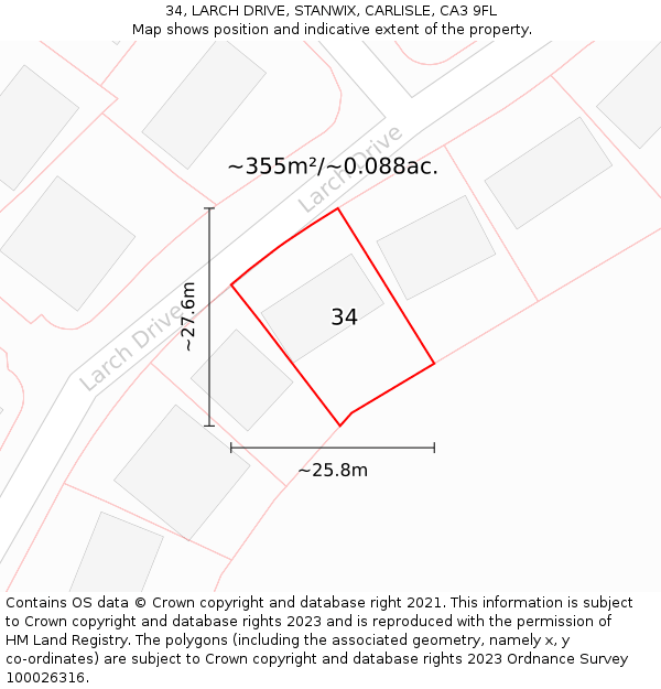 34, LARCH DRIVE, STANWIX, CARLISLE, CA3 9FL: Plot and title map