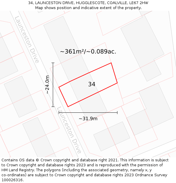 34, LAUNCESTON DRIVE, HUGGLESCOTE, COALVILLE, LE67 2HW: Plot and title map