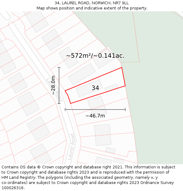 34, LAUREL ROAD, NORWICH, NR7 9LL: Plot and title map