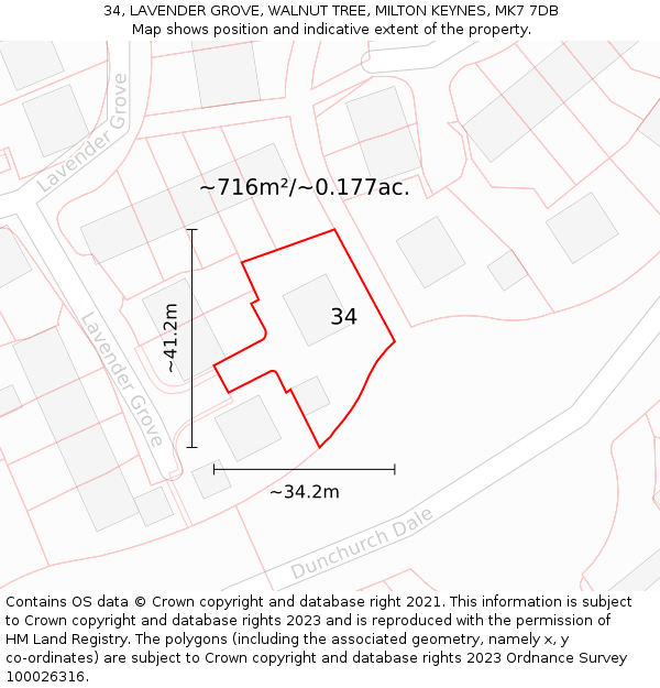 34, LAVENDER GROVE, WALNUT TREE, MILTON KEYNES, MK7 7DB: Plot and title map