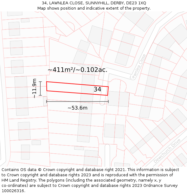 34, LAWNLEA CLOSE, SUNNYHILL, DERBY, DE23 1XQ: Plot and title map