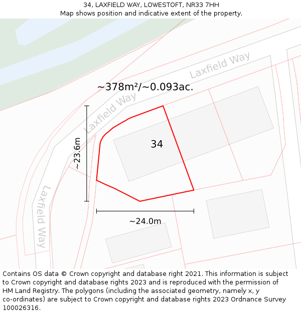 34, LAXFIELD WAY, LOWESTOFT, NR33 7HH: Plot and title map