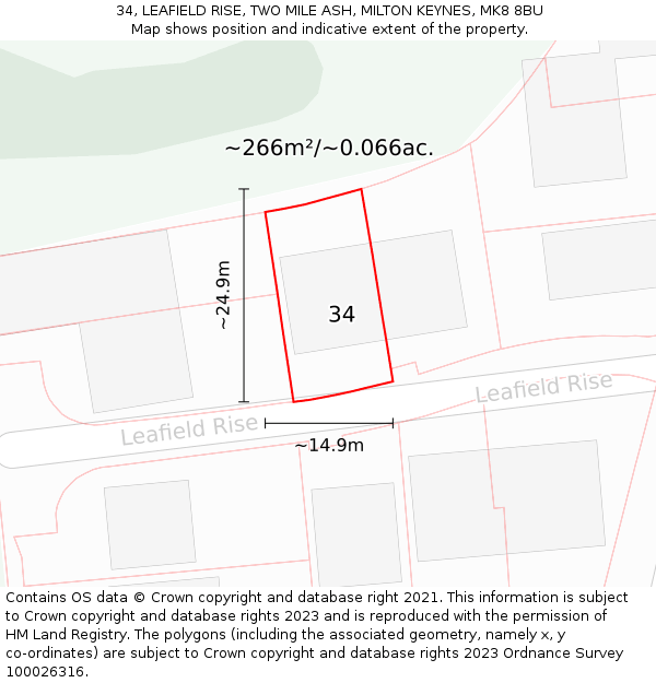 34, LEAFIELD RISE, TWO MILE ASH, MILTON KEYNES, MK8 8BU: Plot and title map