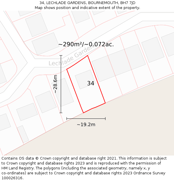 34, LECHLADE GARDENS, BOURNEMOUTH, BH7 7JD: Plot and title map