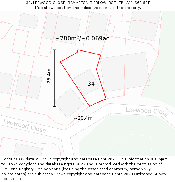 34, LEEWOOD CLOSE, BRAMPTON BIERLOW, ROTHERHAM, S63 6ET: Plot and title map