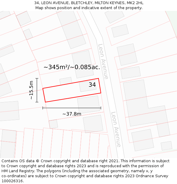 34, LEON AVENUE, BLETCHLEY, MILTON KEYNES, MK2 2HL: Plot and title map