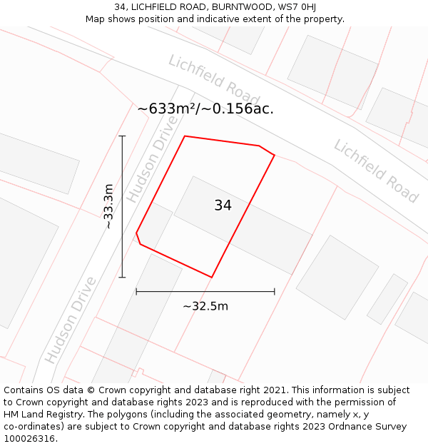 34, LICHFIELD ROAD, BURNTWOOD, WS7 0HJ: Plot and title map