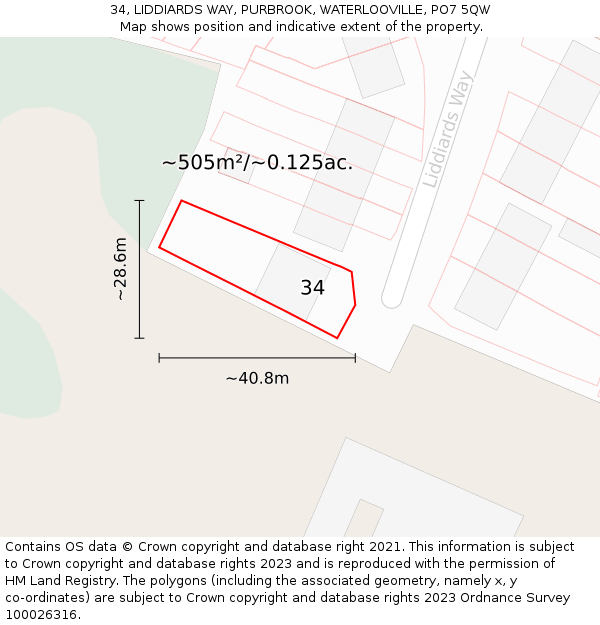 34, LIDDIARDS WAY, PURBROOK, WATERLOOVILLE, PO7 5QW: Plot and title map